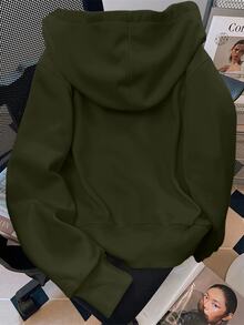 GlowEve 時尚新款休閒女款長袖格紋撞色拉鍊字母印花運動衫 - 軍綠色 - 查看 2