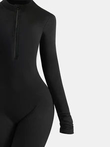 SHEIN Teen Girl Fall Clothes Casual All-Match Versatile American Street Style Solid Color Long Sleeve Half Zip Jumpsuit, Autumn - Black - View 5