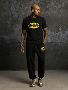 BATMAN X SHEIN Men's Drawstring Waist Pocket Casual Versatile Daily Travel Long Pants - Black - View 3