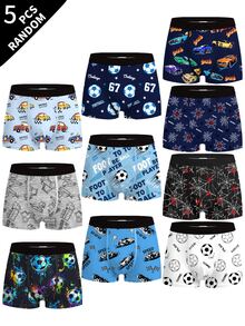 [5 Random Pieces]Boys' Boxer Briefs, Various Elements Football, Car, Spider, Soft Skin-Friendly Fabric, Suitable For Boys - Multicolor - View 1