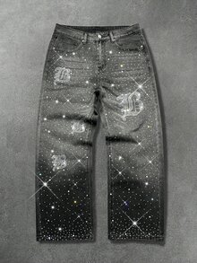 Manfinity EMRG Men's Street Life Gothic Letter Rhinestone Design Gradient Washed Denim Straight Leg Jeans - Black - View 5
