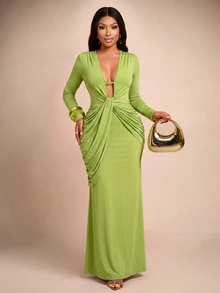 Brilight Sxy Maxi Bodycon Dress Front Knot Ruched Draped Slim Midi Dress For Cocktail Party Wedding Guest Dat - Green - View 7