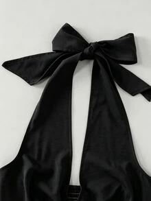 Everyssa Women's Solid Color Pleated Slit Design Casual Sexy Party Vacation Night Out Gathering Halter Neck Dress Halloween Black Summer - Black - View 5