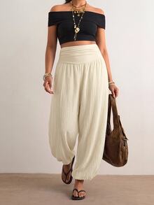 Freevana Plus Size Women Solid Color Pleated Casual Versatile Daily Wear Long Pants - Apricot - View 5