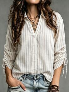EMERY ROSE Autumn New Casual Loose Vertical Striped Plus Size Shirt, Drawstring Sleeve Design, Daily Commute And Outing Wear Fall - Apricot - View 1