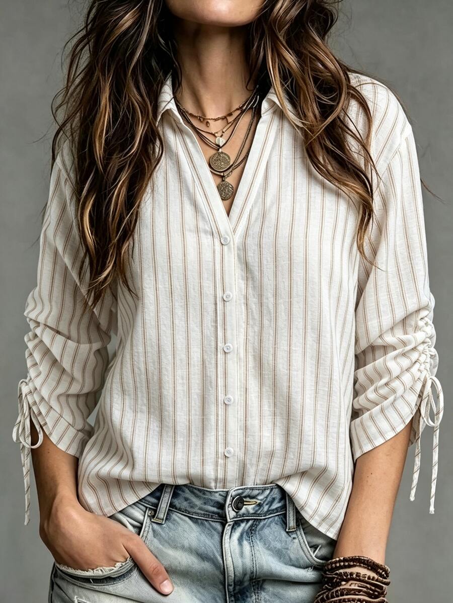 EMERY ROSE Autumn New Casual Loose Vertical Striped Plus Size Shirt, Drawstring Sleeve Design, Daily Commute And Outing Wear Fall - Apricot - View 1