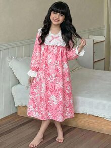 少女寬鬆休閒蕾絲拼接碎花家居服 - 粉色 - 查看 4