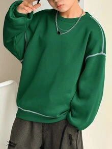 SHEIN 青少年男孩休閒韓系寬鬆百搭對比縫線聖誕綠圓領衛衣，適合通勤、上學、日常休閒外出與運動，秋冬款 - 墨綠色 - 查看 4