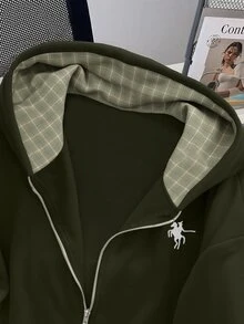 GlowEve 時尚新款休閒女款長袖格紋撞色拉鍊字母印花運動衫 - 軍綠色 - 查看 6