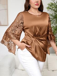 Reflora Plus Size Vintage Embroidered Pleated Asymmetrical Hem Shirt - Brown - View 6