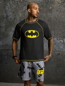 BATMAN X SHEIN Men's Summer Casual T-Shirt & Bat Print Shorts Set - Black - View 3
