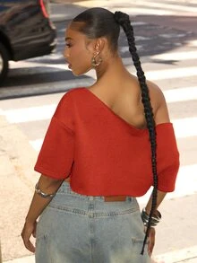 Denimoi Off Shoulder Raw Edge Crop Top Fashionable Streetwear Lounge Wear Everyday Wear - Rust Brown - View 3