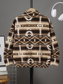 SHEIN 兒童青少年男孩運動休閒毛絨半拉鍊夾克，適合日常穿著、學校、外出、運動、假期派對 - 卡其色 - 查看 3