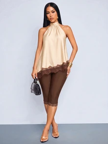 SOLERSUN Women's French Lace Patchwork Halter Top And Fitted Capri Pants 2 Pieces Set Going Out Night Out Cream Shades Of Brown Summer Sexy - Apricot - View 5
