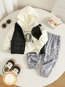 SHEIN 男嬰秋冬街頭風百搭抓絨背心、運動衫與長褲三件套 - 彩色 - 查看 8