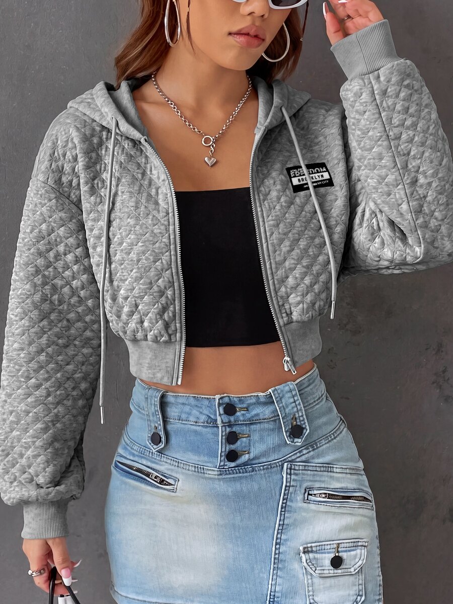 SHEIN EZwear Letter Graphic Drop Shoulder Drawstring Crop Hoodie,Long Sleeve Tops In Fall/Winter - Light Grey - View 1