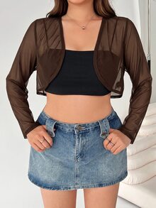 SHEIN EZwear Brown Sheer Mesh Short Jacket Plus Size - Brown - View 5