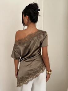Aloruh Women's Commuter Asymmetric Shoulder Ruched Lace Patchwork Blouse - Mocha Brown - View 2