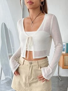 SHEIN EZwear 女款極簡百搭前綁帶長袖針織開襟衫 - 白色 - 查看 5