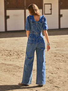 WESTFADE Ruffle Collar Button Front Puff Sleeve Wide Leg Denim Jumpsuit, Fall Winter 2026 Western Style Cowgirl Clothing, Rodeo, Female Country Look, Autumn - Medium Wash - View 3