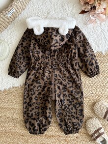 SHEIN 女嬰豹紋編織人造毛內裡連帽秋冬連身衣 - 彩色 - 查看 2