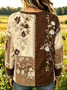 Selamara 女款休閒花卉拼接印花長袖上衣，復古蕾絲圖案波希米亞風 - 彩色 - 查看 2
