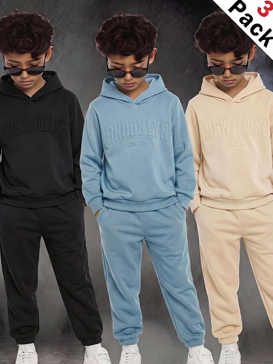 SHEIN 6pcs Kids Tween Boy Casual Daily Versatile Comfortable Embossed Pattern Hooded Pullover Loose Sweatshirt And Loose Jogger Pants Knit Two Pieces Set Thermal Lined Thick Sweatshirt Set