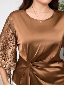 Reflora Plus Size Vintage Embroidered Pleated Asymmetrical Hem Shirt - Brown - View 4