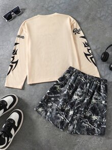 SHEIN Coolqubz 1套青少年男孩街頭風創意圖案印花長袖上衣搭配短褲，常規厚度，休閒夏季套裝 - 卡其色 - 查看 2