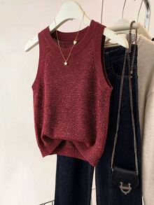 SHEIN 2026新款女款閃耀金針織背心上衣－圓領、羅紋袖口細節、短版剪裁，完美融合90年代復古魅力與極簡時尚，適合早午餐約會、夜晚外出及春夏日常穿搭 - 酒紅色 - 查看 6