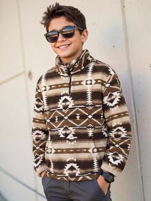 SHEIN 兒童青少年男孩運動休閒毛絨半拉鍊夾克，適合日常穿著、學校、外出、運動、假期派對 - 卡其色 - 查看 5