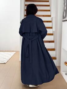 SHEIN EZwear 女款休閒長版海軍藍雙排扣風衣 - 藏蓝色 - 查看 2