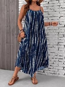 SHEIN VCAY Plus Size Tree Print Strap Vacation Dress - Navy Blue - View 4