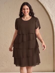 Reflora Plus Size Vintage Vacation Asymmetrical Hem Crew Neck Dress - Coffee Brown - View 6