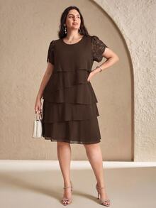 Reflora Plus Size Vintage Vacation Asymmetrical Hem Crew Neck Dress - Coffee Brown - View 8