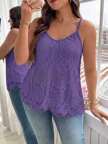 Reflora Plus Size French Lace Camisole Tank Top, Vacation & Street Style - Purple - View 4