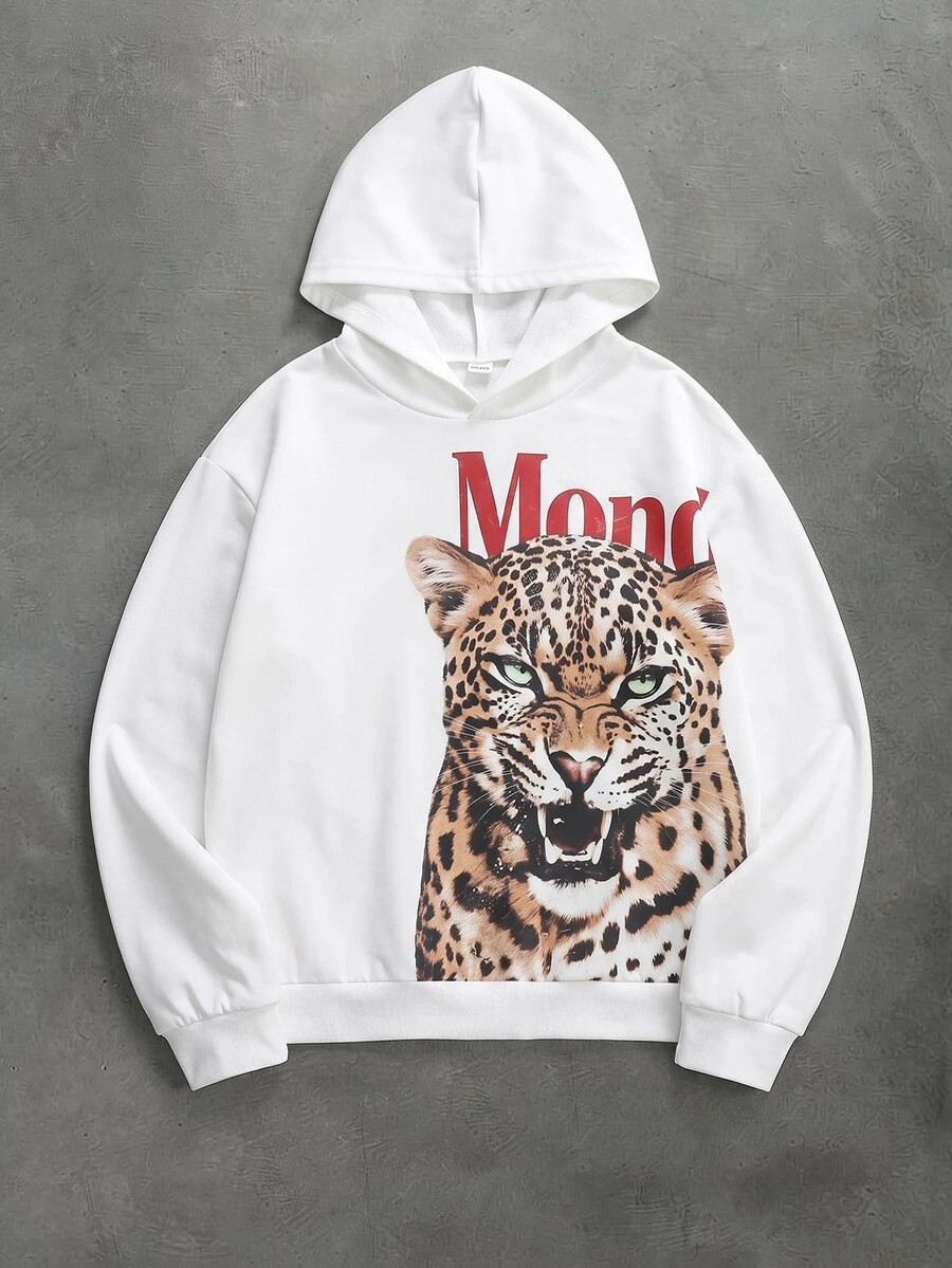 SHEIN Áo nỉ hoodie tay dài họa tiết da báo phong cách tối giản thoải mái rộng rãi thời trang cho bé trai tuổi teen, phù hợp mùa thu/đông