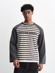 TOKVUE Men's Young American Style Striped Minimalist Letter Print Loose Casual Daily Commute Date Holiday Colorblock Patchwork Long Sleeve T-Shirt Top - Grey - View 6