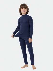 SHEIN 2件組青少年男孩休閒素色保暖中領長袖上衣與長褲內著套裝 - 藏蓝色 - 查看 1