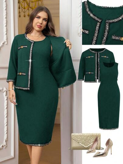 Reflora Plus Size Vintage Tank Dress And Sequin Embroidered Blazer 2 Pieces Set Fall