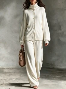 SHEIN Minimalist Premium Pure White Knit Sweater Set Women Autumn/Winter High Neck Loose Slouchy Long Pants 2 Pieces Set - Beige - View 7