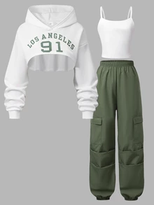 Teen Girls Fall Outfits Tops 3 Pieces Set Letter Print Cropped Long Sleeve Hoodie + Solid Color Camisole Top + White Yellow R Autumn Sixth Form Formal - Army Green - View 6