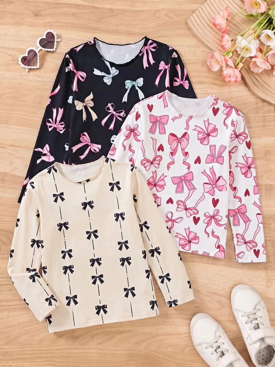 SHEIN 女童高彈性翻領內搭T恤,秋季服飾,適合日常休閒穿著,3件套 - 彩色 - 查看 1