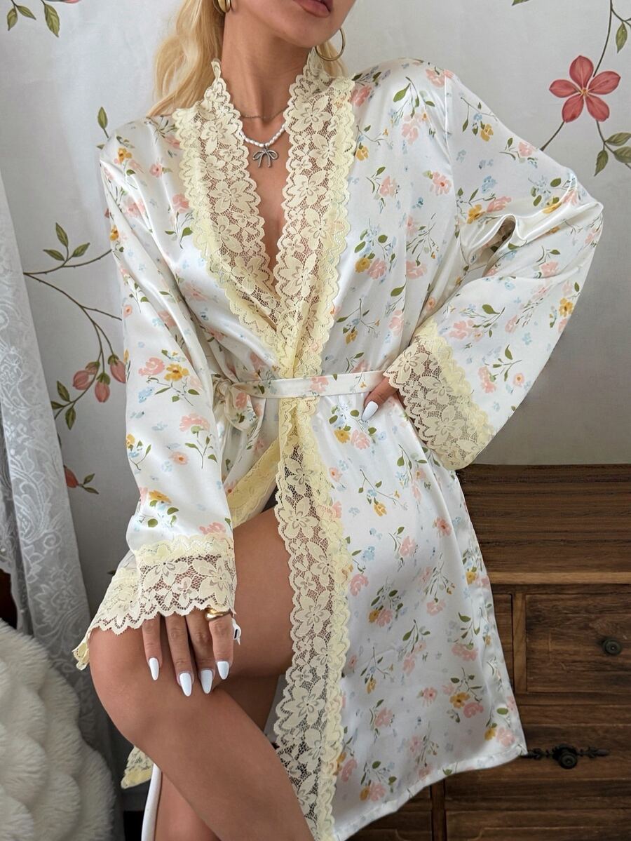 CottageSlumber 1pc Women's Sexy Faux Silk Lace Print Long Sleeve Short Robe - Beige - View 1