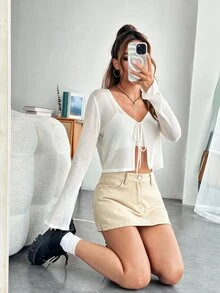 SHEIN EZwear 女款極簡百搭前綁帶長袖針織開襟衫 - 白色 - 查看 4