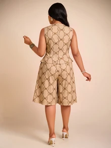 Brilight Bow Print V Neck Sleeveless Button Vest Wide Leg Capri Pants For Daily Brunch Vacation Lounge Outfit - Khaki - View 3