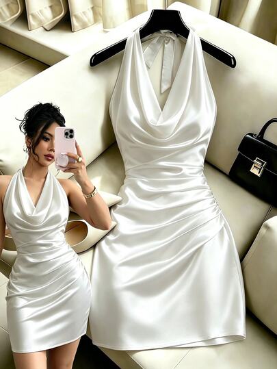 Selianne New Elegant Women's Brown Backless Dress, Featuring Ruched Neckline Design, Fitted Waist, Tailored Fit. Brown Bodycon Mini Dress Is Sexy, Elegant And Fashionable. A Versatile Fashionable Dress For Daily Wear, Party, Beach, Graduation Season And Business Office Occasions. Also Suitable For Winter, Holidays, Saint John Festival, Party, Wedding