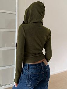 SHEIN EZwear 秋季新款復古運動連帽拉鍊修身夾克 - 軍綠色 - 查看 2