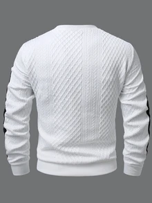 Manfinity Homme Men's Knitted Jacquard Solid Color Textured Collar Cuff Ribbed Hem Black & White Colorblock Pullover Sweatshirt - White - View 2