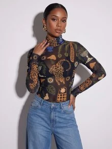 CAJUNI Tropical Vacation Cute Forest Mesh Blouse - Multicolor - View 6